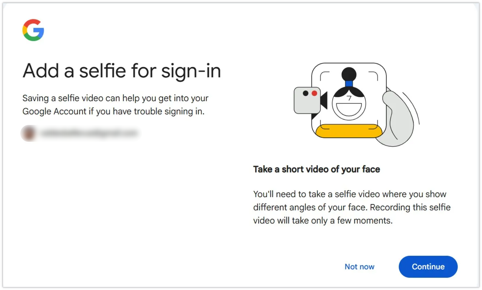 Google Account Add a selfie for sign-in page with Continue button