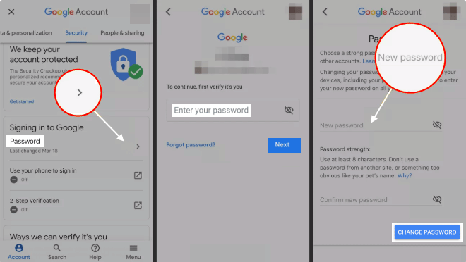 Change password in Gmail app