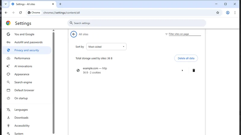 Chrome Settings All sites page showing stored cookies for a specific website