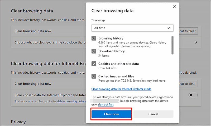 clear browsing data on microsoft edge