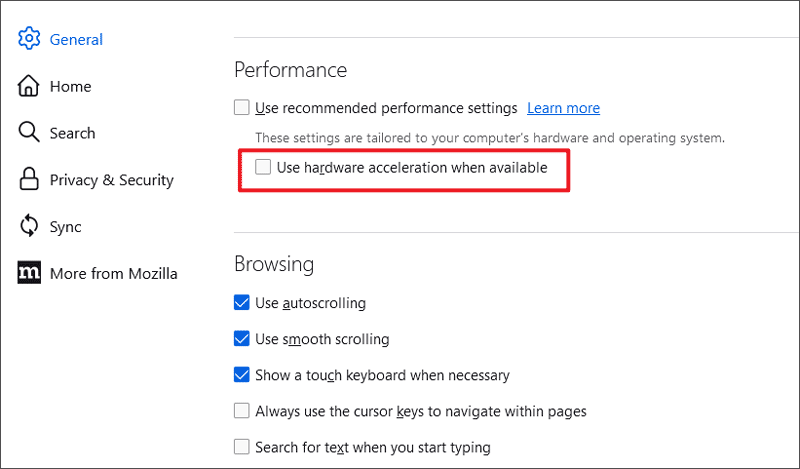 turn off hardware acceleration firefox