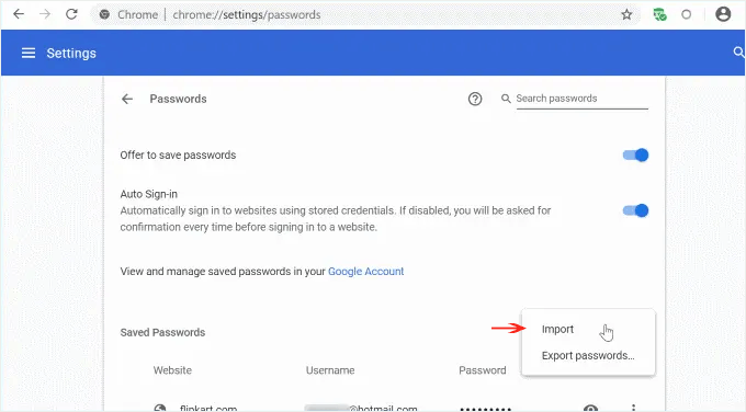 Import passwords to Chrome