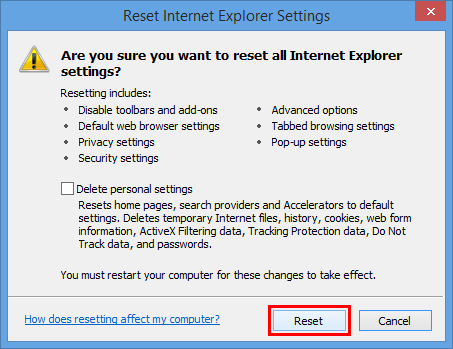 Reset IE settings