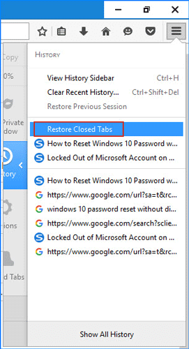 Restore closed tabs in firefox