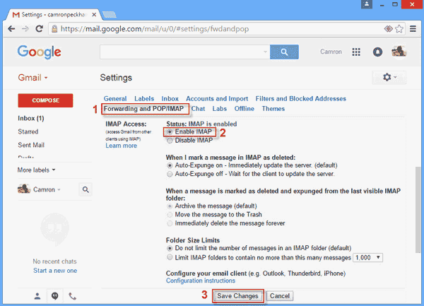 Outlook settings for gmail