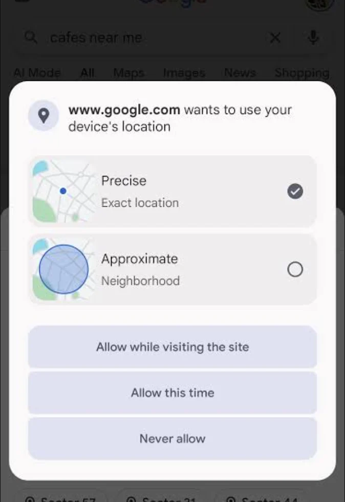 Android location permission screen for an app under Settings, Location, App permissions
