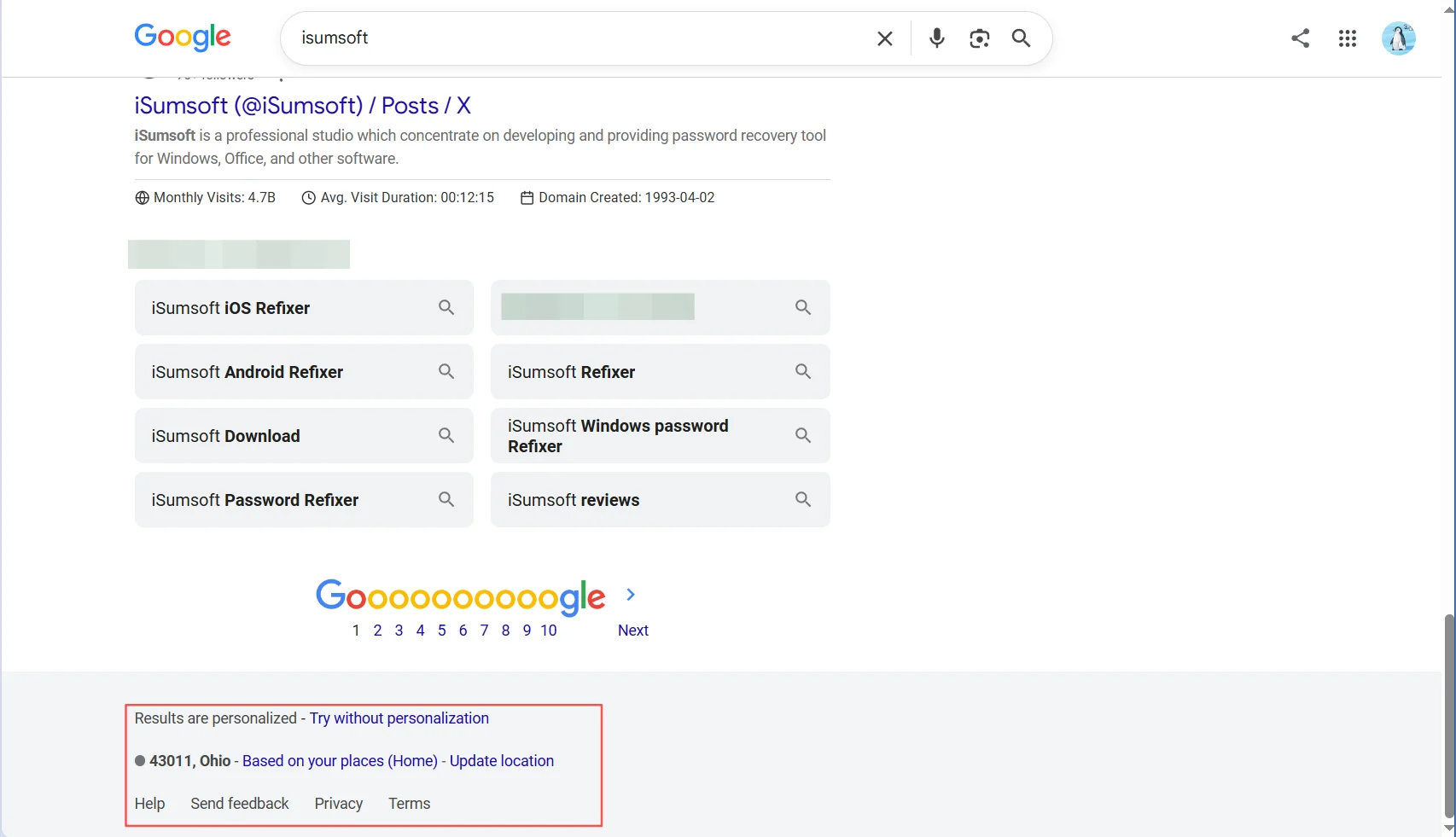 Location and source shown at the bottom of a Google Search results page on a computer