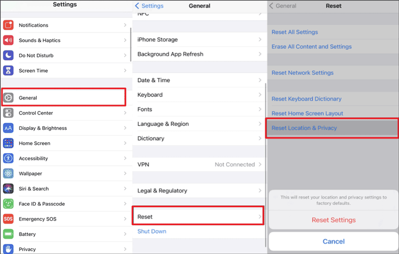 reset location and privacy