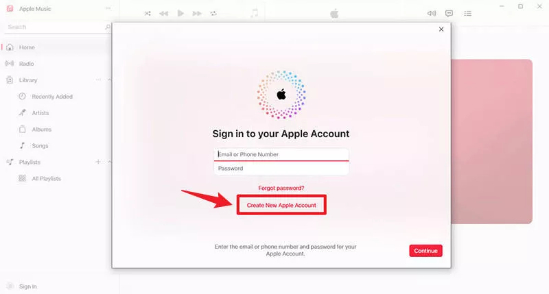 create new Apple account in Apple Music