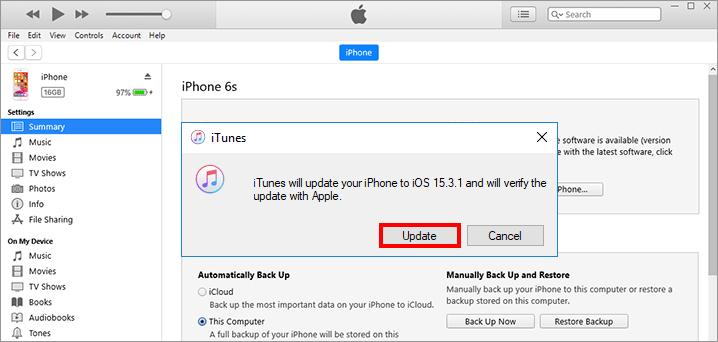 click Update to confirm