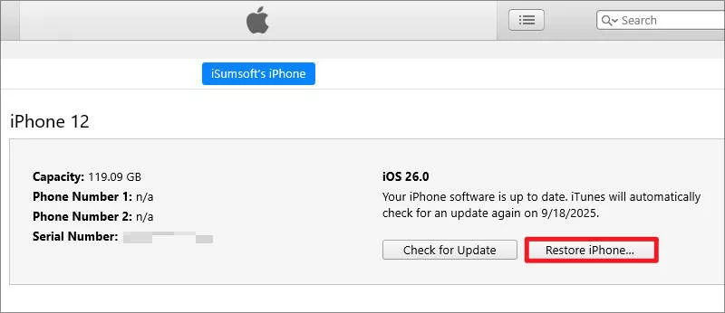 click Restore iPhone while holding Shift key