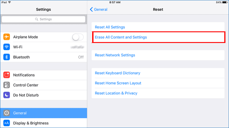 erase all content and settings