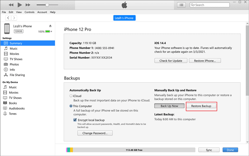 restore backup from itunes