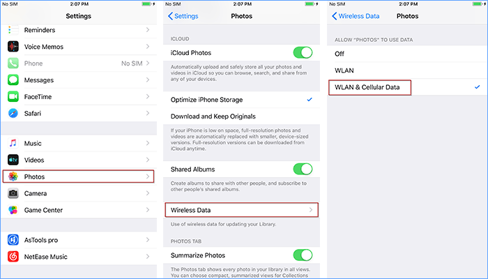 turn on wireless data