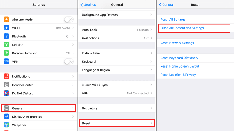 erase all content and settings