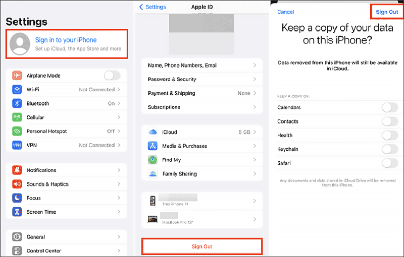 sign out and in apple id