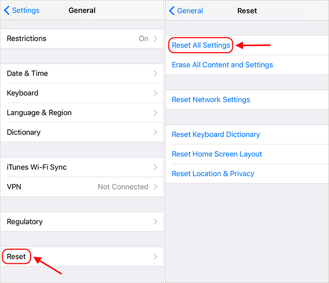 reset all settings