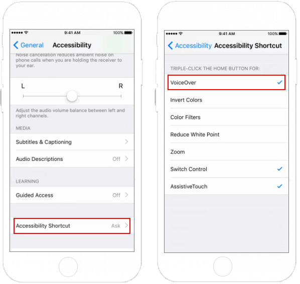 Triple-click Home button for VoiceOver