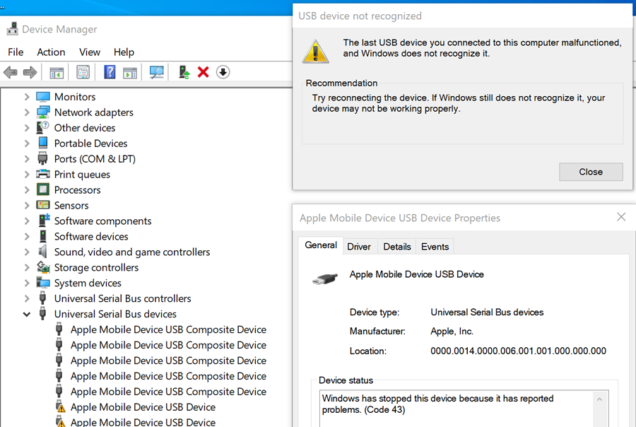 Apple Mobile Device USB Device properties show Code 43 in Windows Device Manager
