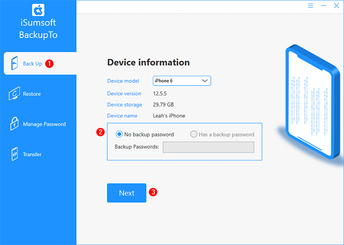 select Back Up option and click Next