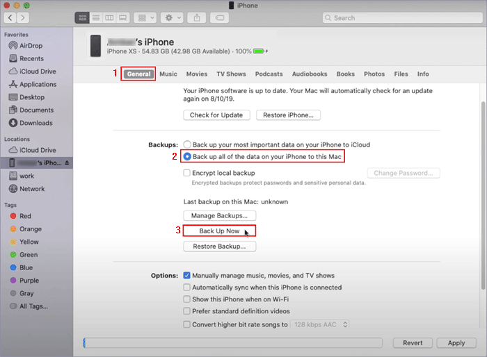 select backup options and click Back Up Now