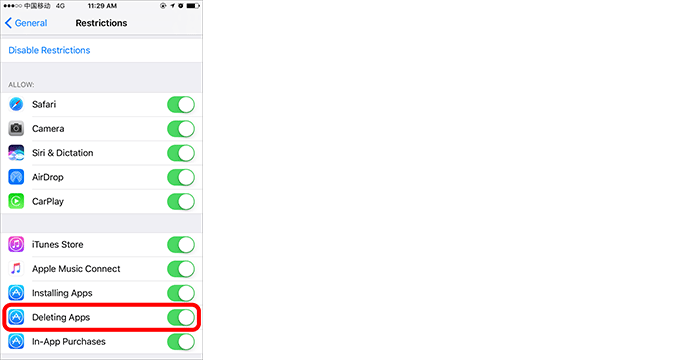 turn on Deleting Apps
