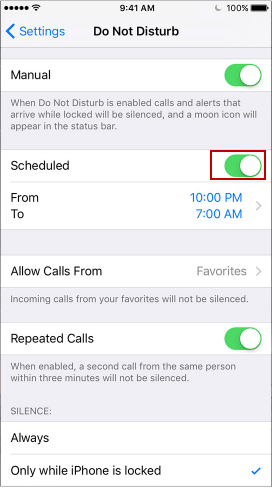 Enable Do Not Disturb and set a Schedule