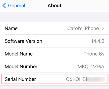 find serial number in Settings