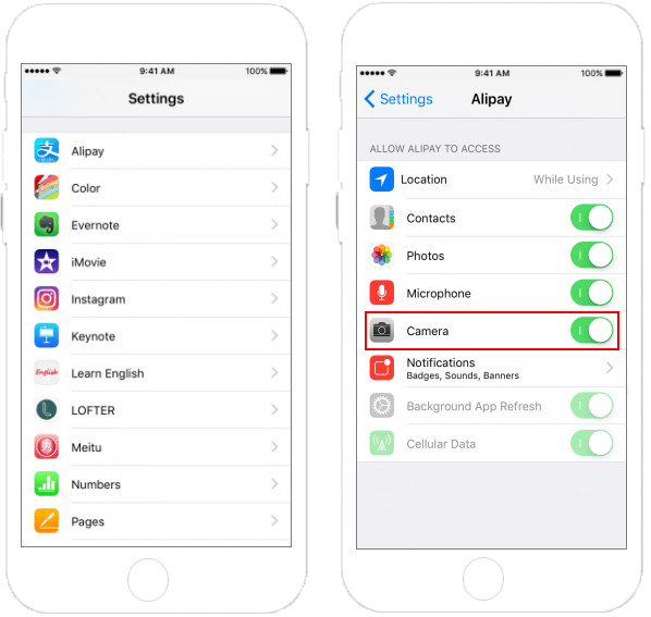Allow or block app access Camera