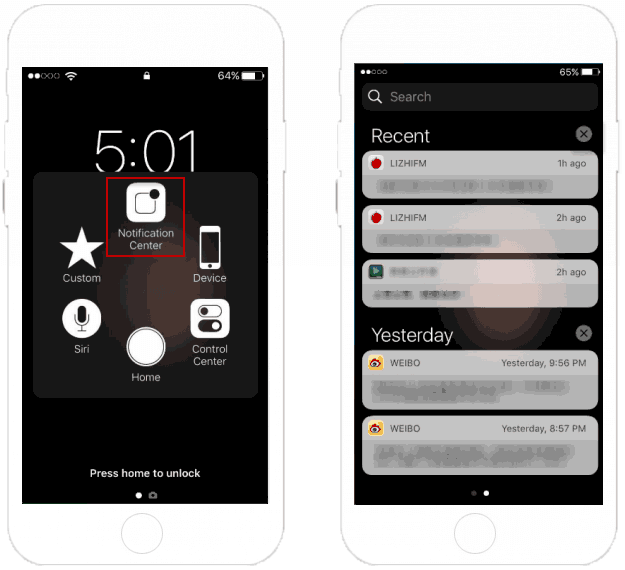 Access Notification Center from Assistive Touch menu