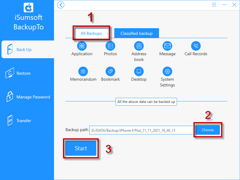 click All Backup and choose external hard drive as backup path