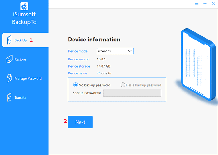 select Back Up and click Next