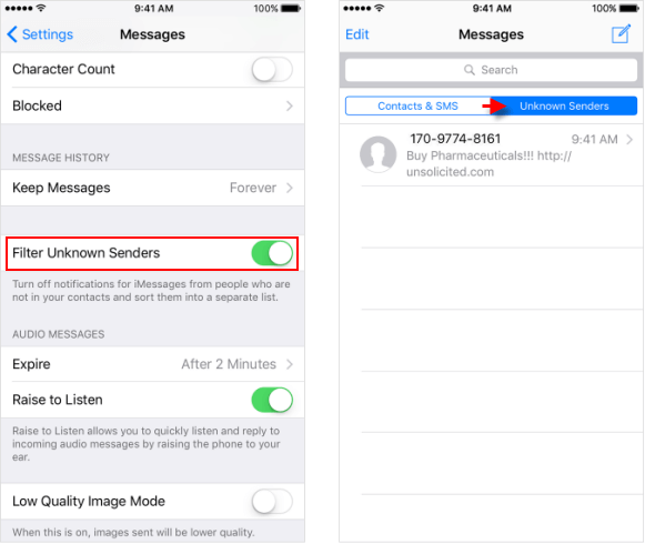 Filter iMessages from unknow senders