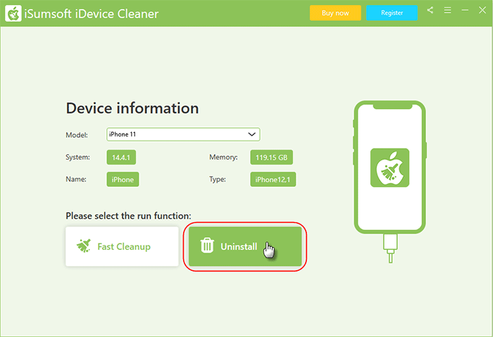 Select Uninstall in iDevice Cleaner