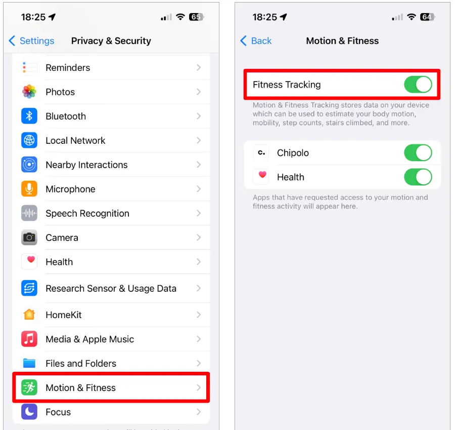 limit motion and fitness access on iphone