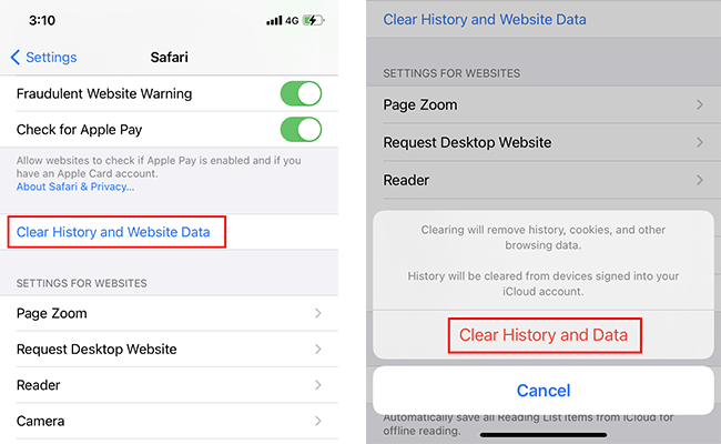 tap Clear History and Website Data