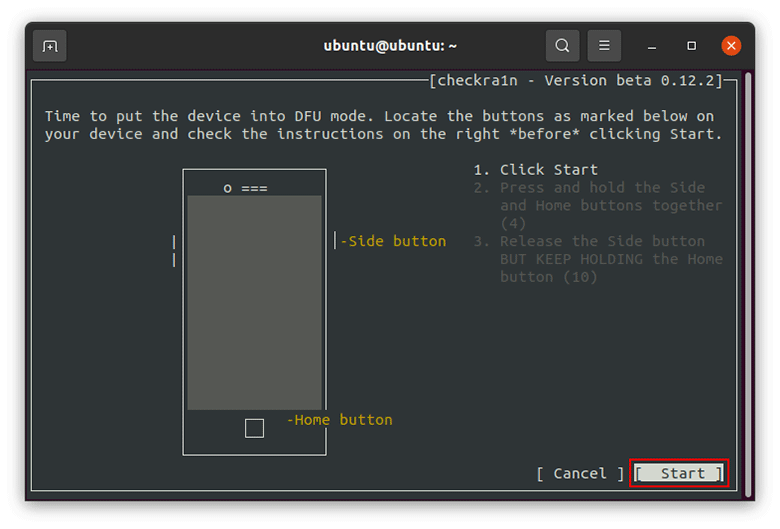 click Start to enter DFU mode