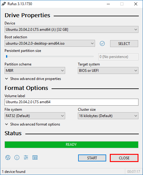 Ubuntu USB drive is ready