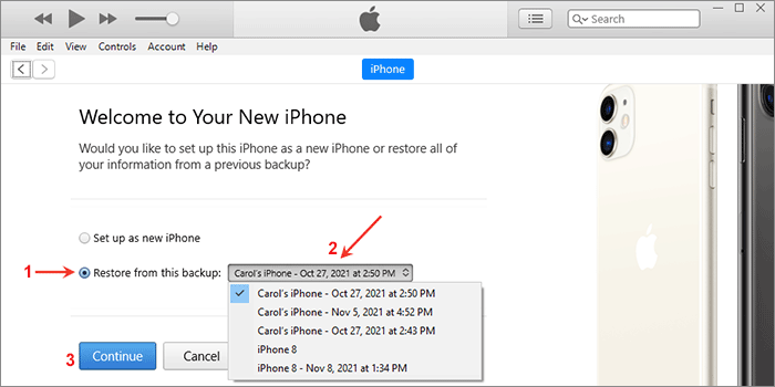 Restore an iPhone from a computer backup