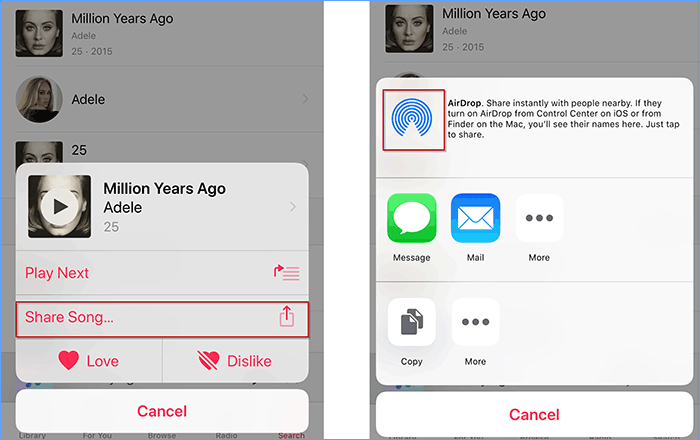 share songs via Airdrop