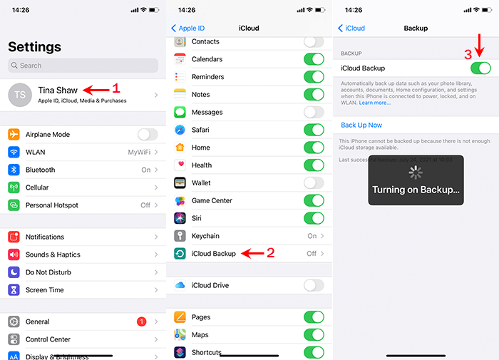 turn on iCloud Backup