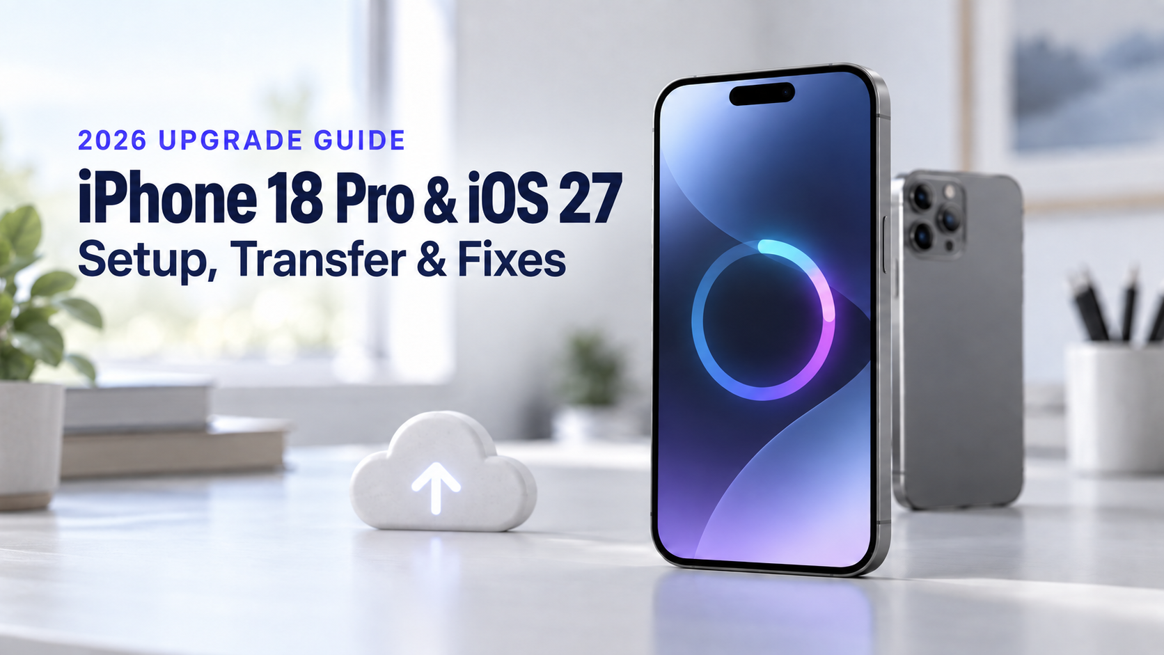 iPhone Pro-style phones prepared for an operating system upgrade and cloud backup