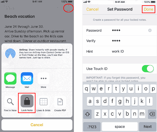 Create a password in Notes
