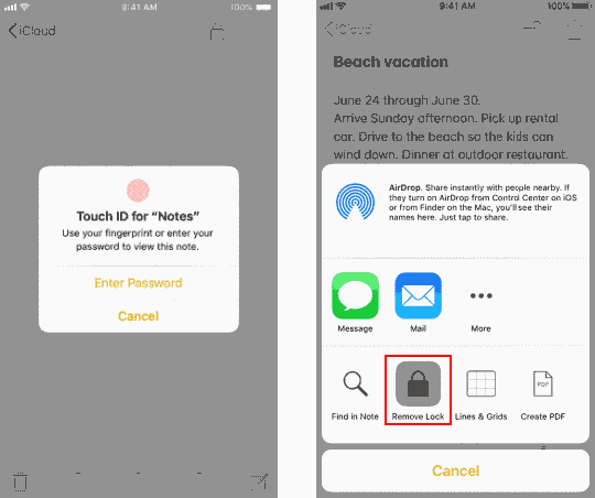Remove lock from a note