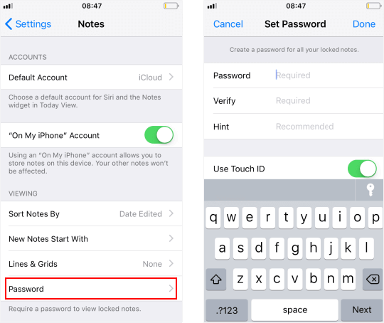Set a password in Settings