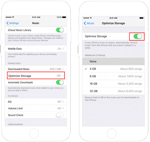 Enable Optimize Storage for Apple Music
