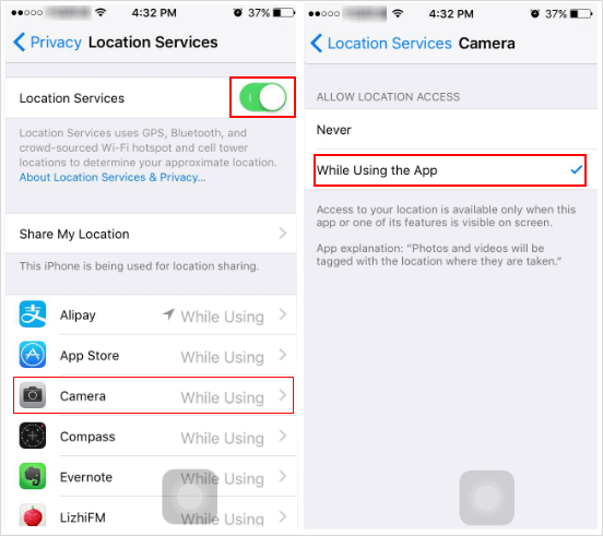 Allow location access camera