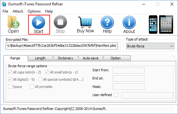 Start to find iTunes backup password