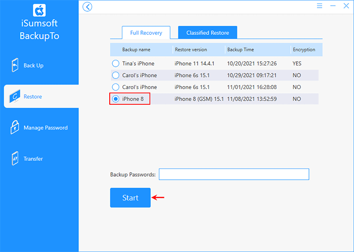select old iPhone backup and click Start