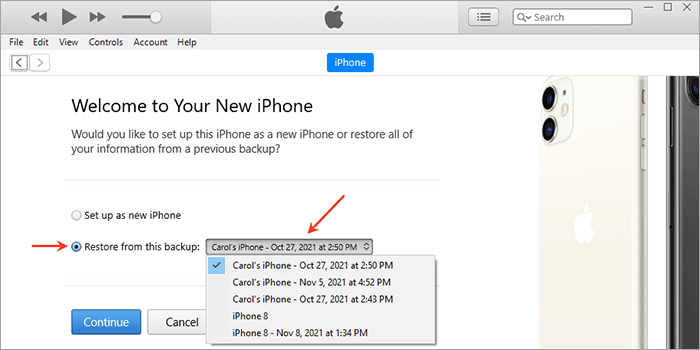 choose Restore from this backup